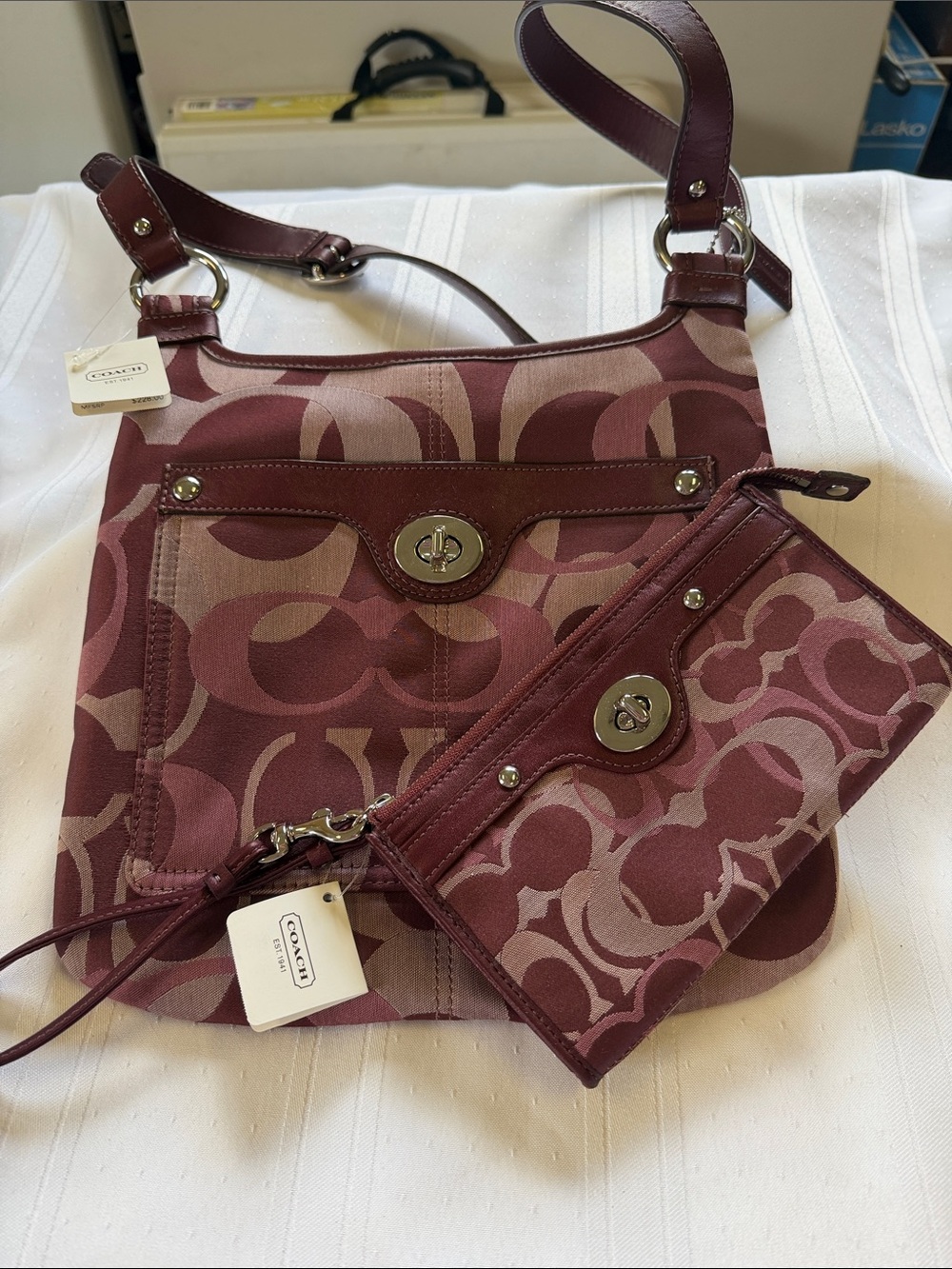 Coach Burgundy Signature Jacquard Shoulder Bag with Wristlet